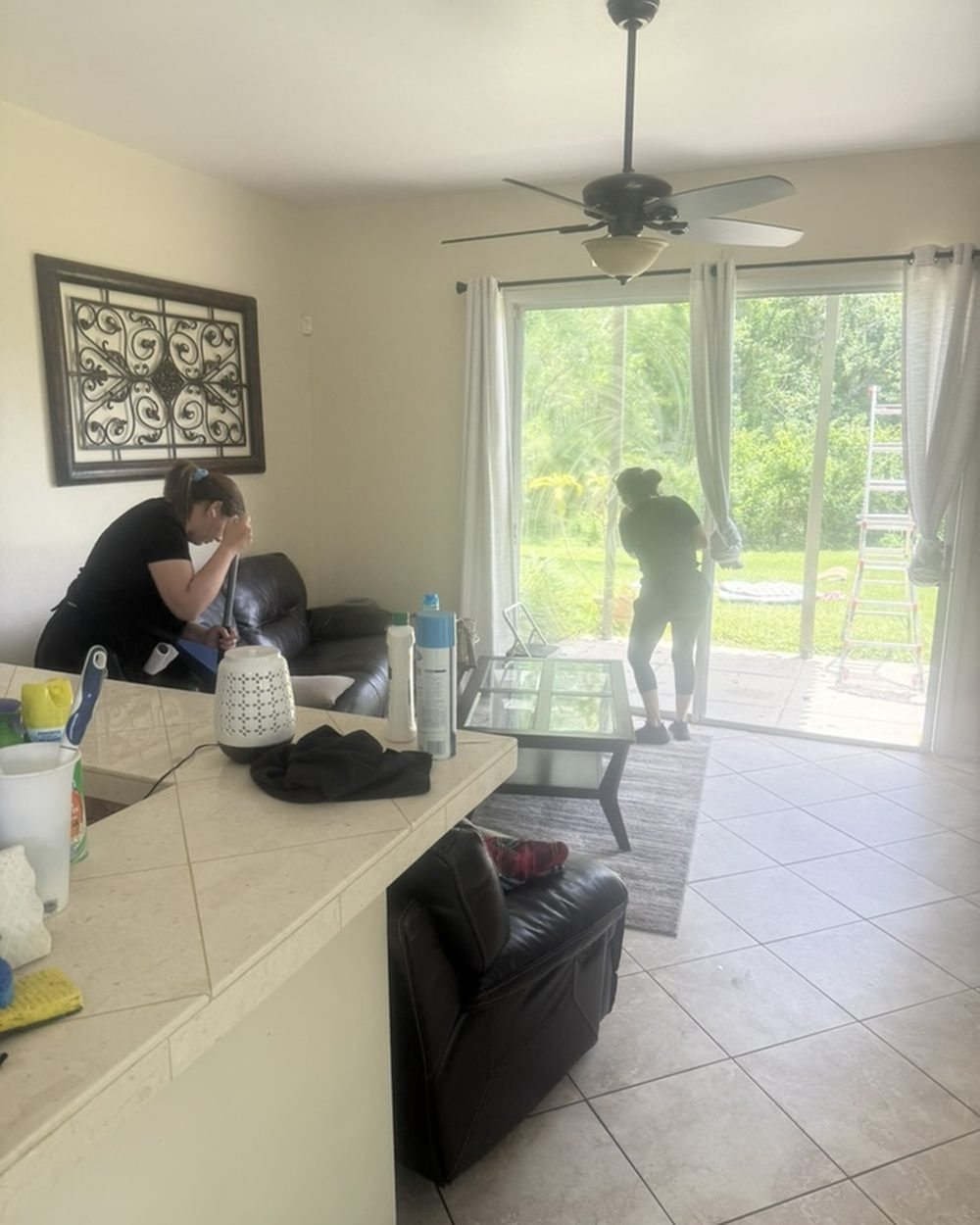 Two Pure Perfection cleaners working a kitchen counter and living room by the sliding doors during a house cleaning visit, Tampa, FL service