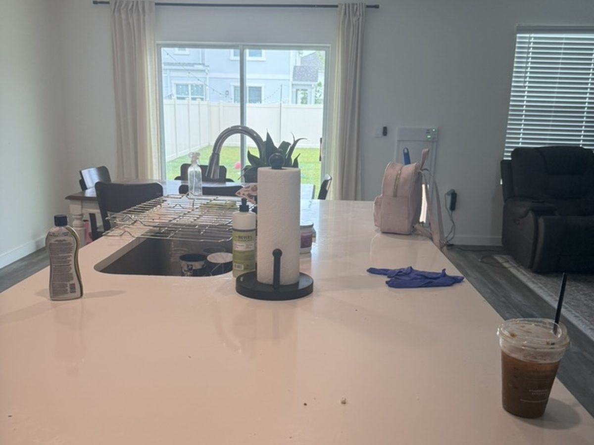 Kitchen island and sink wiped down after a Pure Perfection Cleaning standard visit, Tampa, FL house cleaning services