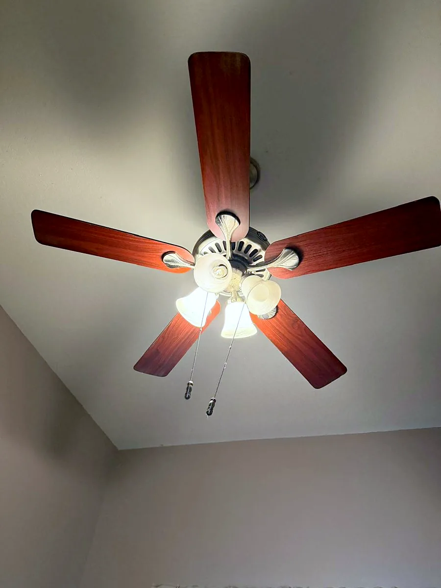 Same ceiling fan with dust-free blades and clean glass shades after a Pure Perfection deep cleaning